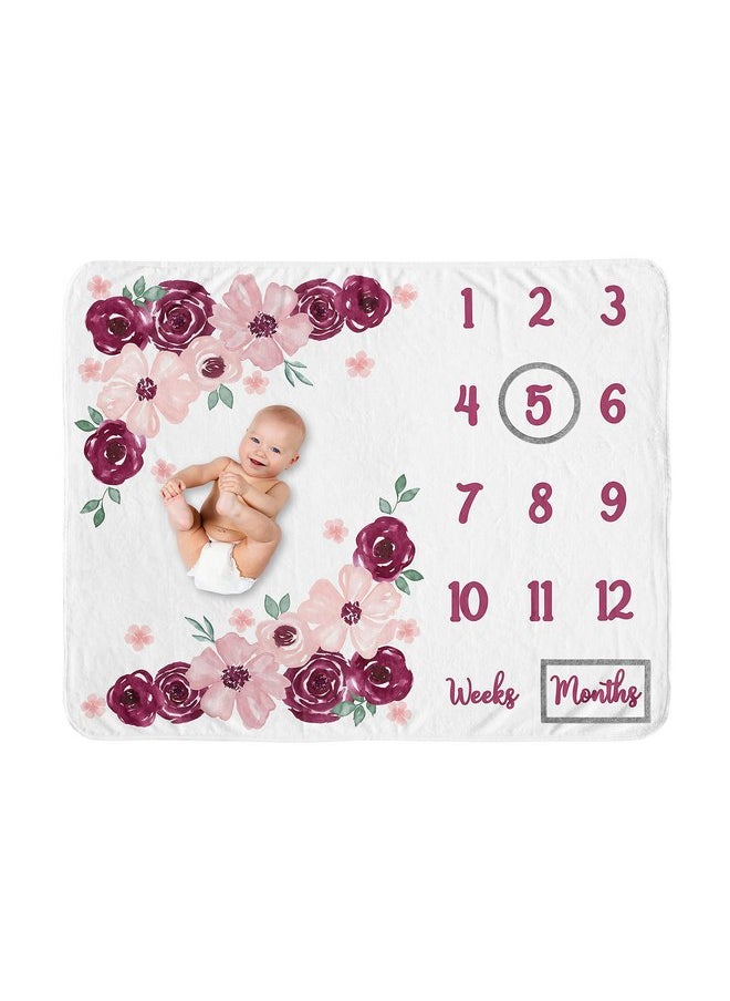 Sweet Jojo Designs Burgundy Pink Watercolor Floral Girl Milestone Blanket Monthly Newborn First Year Growth Mat Baby Shower Memory Keepsake - Blush Maroon Wine Rose Green Shabby Chic Flower Farmhouse