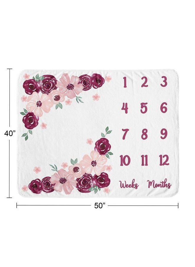 Sweet Jojo Designs Burgundy Pink Watercolor Floral Girl Milestone Blanket Monthly Newborn First Year Growth Mat Baby Shower Memory Keepsake - Blush Maroon Wine Rose Green Shabby Chic Flower Farmhouse