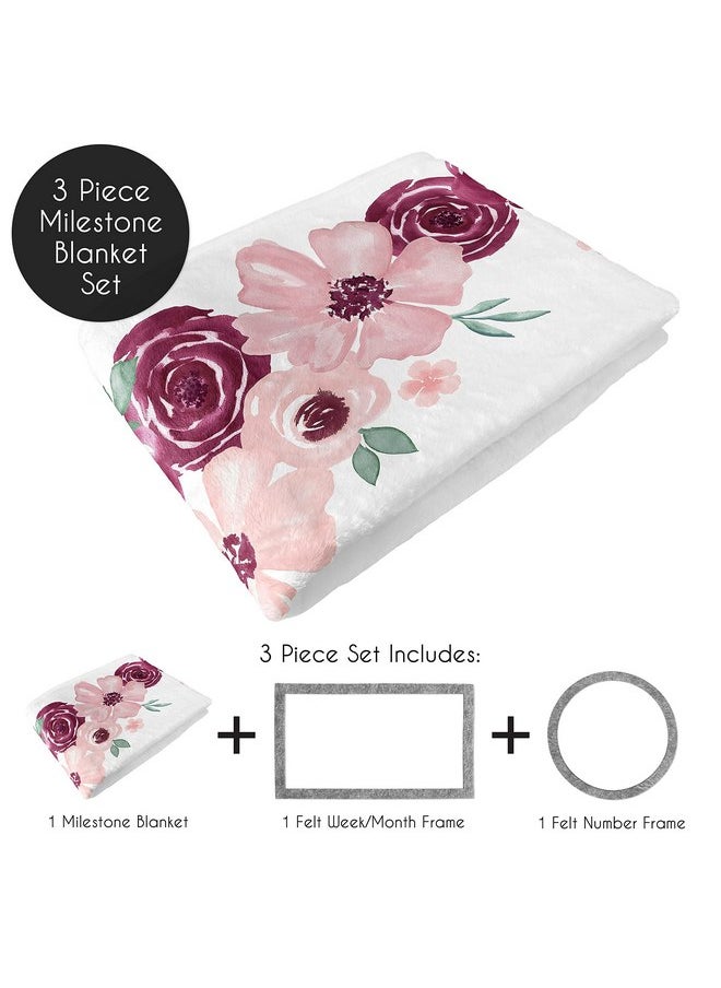 Sweet Jojo Designs Burgundy Pink Watercolor Floral Girl Milestone Blanket Monthly Newborn First Year Growth Mat Baby Shower Memory Keepsake - Blush Maroon Wine Rose Green Shabby Chic Flower Farmhouse