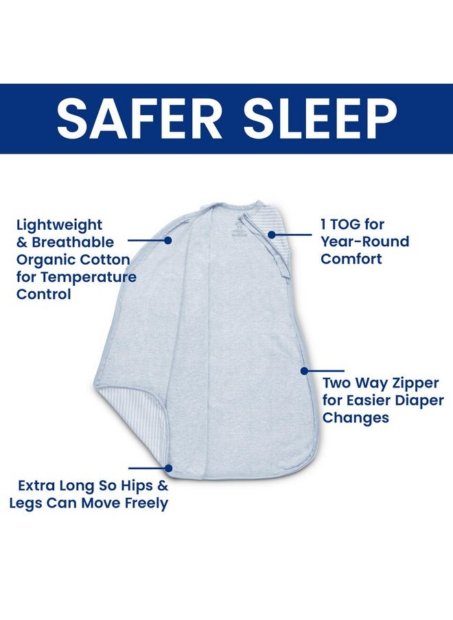 Delta Children Gap babyGap TrueSleep Sleep Sack | 100% Organic Cotton | GOTS and Oeko-Tex 100 Certified | 2-Way Zipper | Large: 6-12 Months, Bluish Grey Stripe