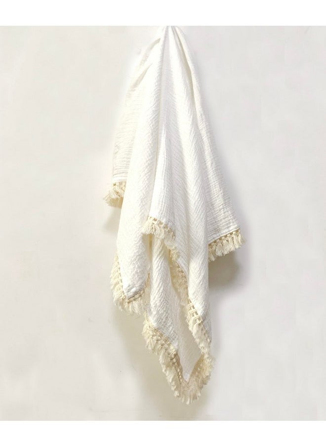 Cotton Gauze Fringe Infant Swaddling Blanket - Soft and Breathable Baby Blanket with Delicate Fringe, 47x47 (White)