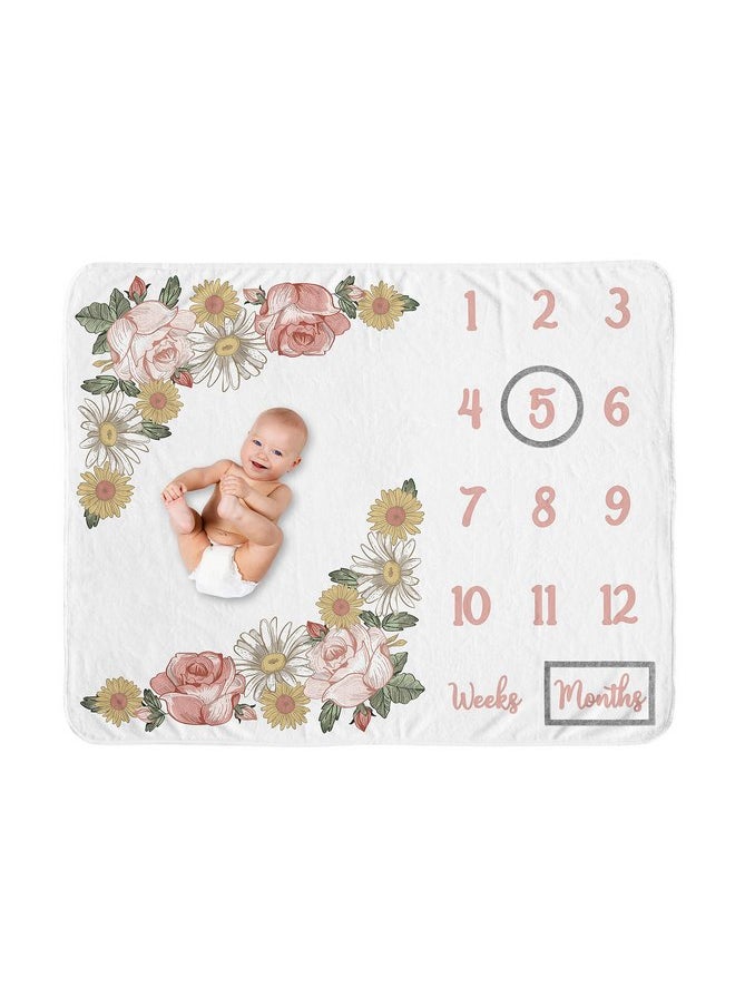 Sweet Jojo Designs Vintage Floral Boho Girl Milestone Blanket Monthly Newborn First Year Growth Mat Baby Shower Memory Keepsake Gift Picture - Blush Pink Yellow Green Shabby Chic Rose Flower Farmhouse