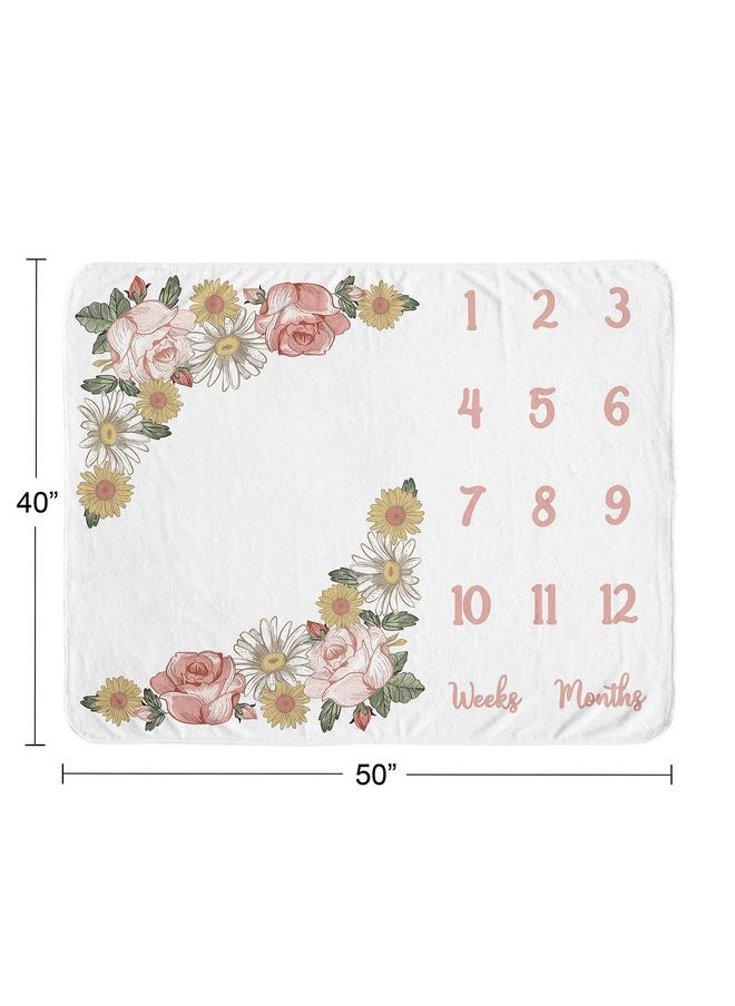 Sweet Jojo Designs Vintage Floral Boho Girl Milestone Blanket Monthly Newborn First Year Growth Mat Baby Shower Memory Keepsake Gift Picture - Blush Pink Yellow Green Shabby Chic Rose Flower Farmhouse