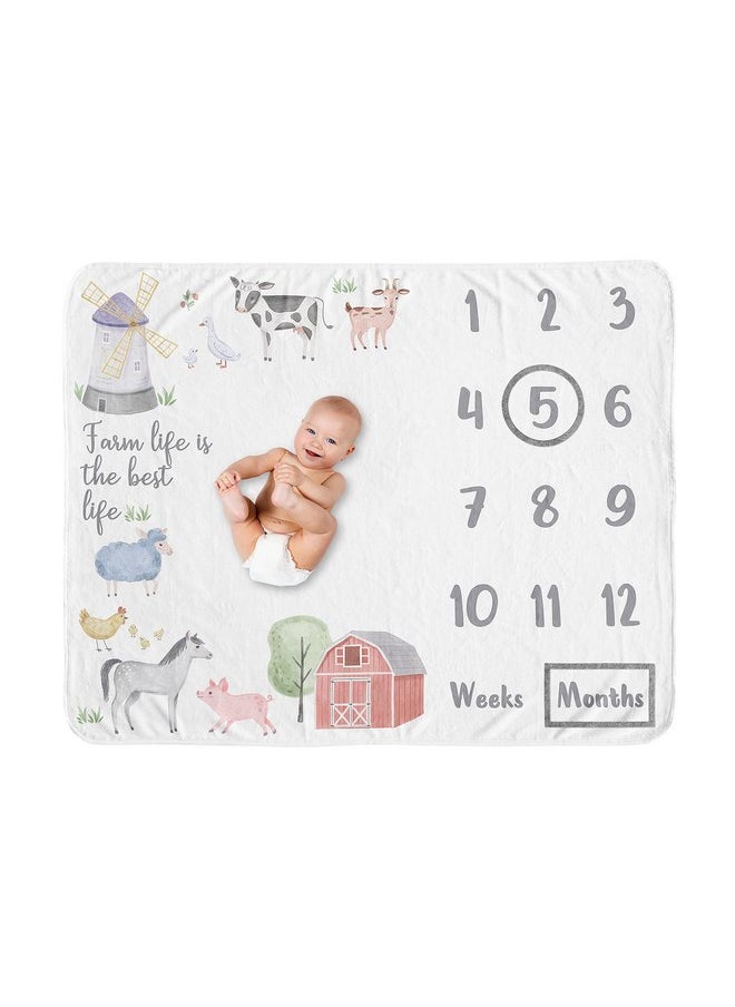 Sweet Jojo Designs Farm Animals Boy or Girl Milestone Blanket Monthly Newborn First Year Growth Mat Baby Shower Memory Keepsake Gift Picture - Watercolor Farmhouse Barn Horse Cow Sheep Pig Farm Life
