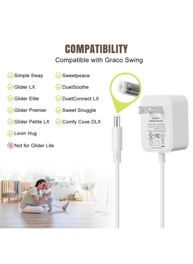 Lenink 5V 2A Baby Swing Power Cord Replacement Compatible with Graco DuetSoothe, DuetConnect LX, Simple Sway, Glider LX, Glider Elite and More (6ft, White)