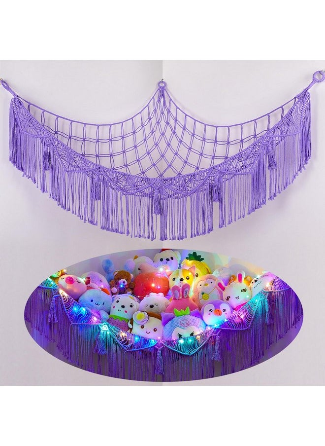 Basumee Stuffed Animals Hammock with LED Light Corner Hanging Net for Stuffed Animals Storage Girls Room Decor Stuff Animals Organizer Holder with Tassels Toy Hammock Storage, Purple