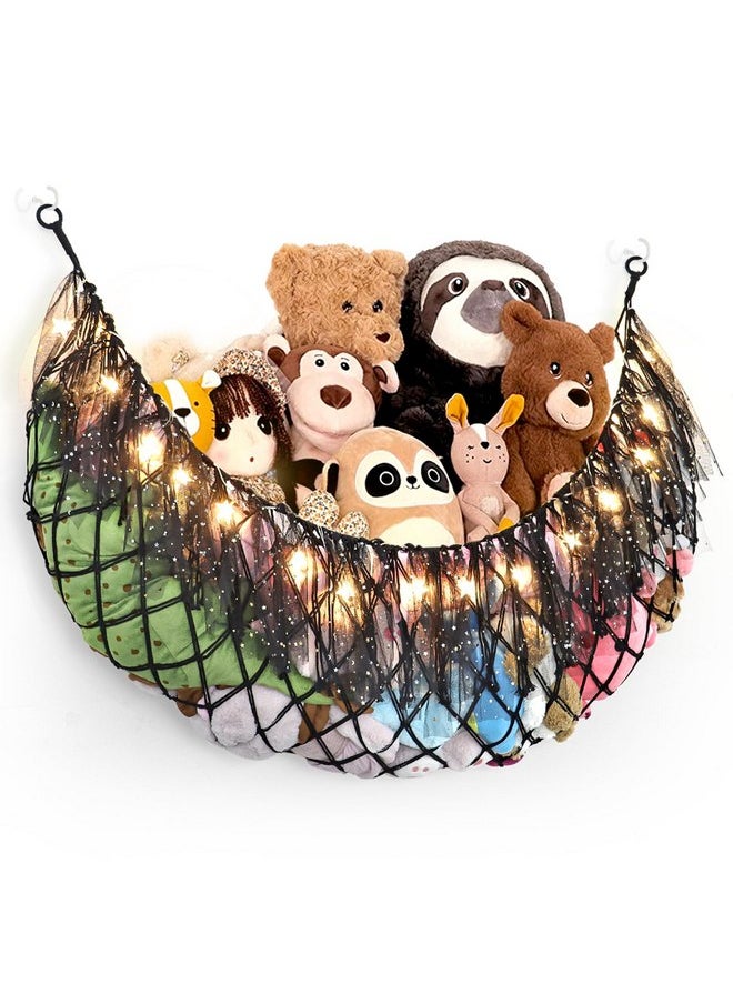 Dremisland Stuffed Animals Storage with Fairy Lights Wall Hanging Stuffed Animal Net or Hammock with Colorful Lace Tassels for Girls Room Nursery Kids Bedroom Play Room Decor (Black)