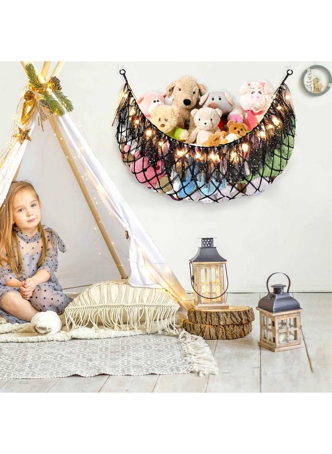 Dremisland Stuffed Animals Storage with Fairy Lights Wall Hanging Stuffed Animal Net or Hammock with Colorful Lace Tassels for Girls Room Nursery Kids Bedroom Play Room Decor (Black)