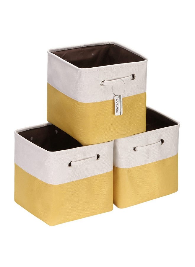 Sea Team 3-Pack Cubic Storage Basket Set, Storage Cube Organizer, Clothes Toys Bin, 11 x 11 x 11 Inches, Big Square Canvas Fabric Collapsible Shelf Box with Handles for Kids Room (Yellow/White)