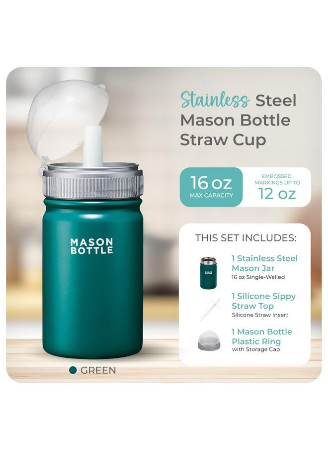 Mason Bottle Kids Mason Jar Cup with Lid and Straw - Stainless Steel Sippy Cup - BPA-Free, Spill Proof Toddler Tumbler - Regular-Mouth Mason Jar, Snack Cup, Smoothie Cup for Kids (Green)