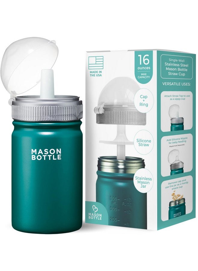 Mason Bottle Kids Mason Jar Cup with Lid and Straw - Stainless Steel Sippy Cup - BPA-Free, Spill Proof Toddler Tumbler - Regular-Mouth Mason Jar, Snack Cup, Smoothie Cup for Kids (Green)