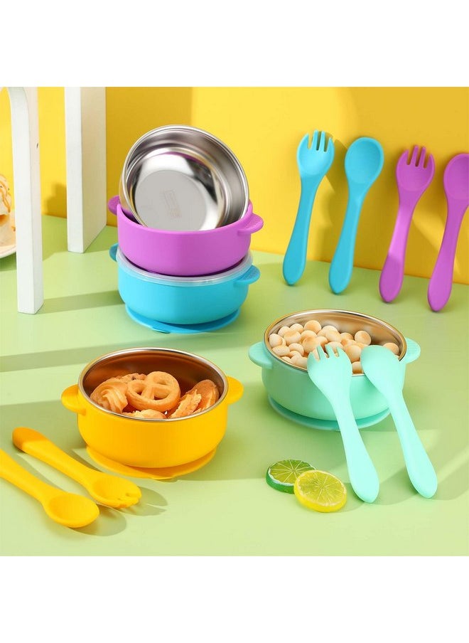 Nuogo 4 Sets 304 Stainless Steel Baby Bowls with Removable Silicone Shell Toddler Bowls with Suction Kids Bowls with Lids Spoons and Fork Baby Feeding Set Anti Scald for Baby Toddler, Dishwasher Safe