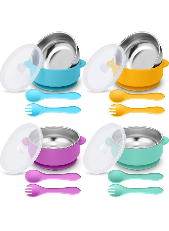 Nuogo 4 Sets 304 Stainless Steel Baby Bowls with Removable Silicone Shell Toddler Bowls with Suction Kids Bowls with Lids Spoons and Fork Baby Feeding Set Anti Scald for Baby Toddler, Dishwasher Safe