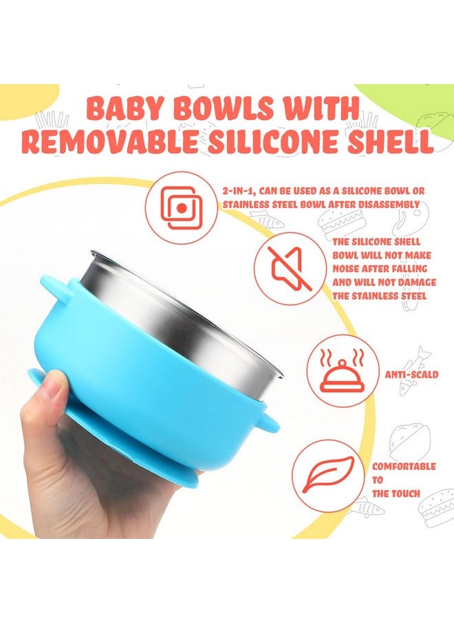 Nuogo 4 Sets 304 Stainless Steel Baby Bowls with Removable Silicone Shell Toddler Bowls with Suction Kids Bowls with Lids Spoons and Fork Baby Feeding Set Anti Scald for Baby Toddler, Dishwasher Safe