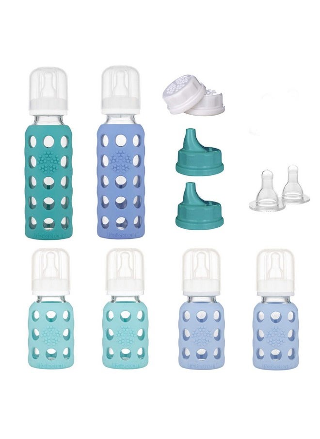 Lifefactory 6 Bottle Starter Set (4) 4-Ounce Baby Bottle in Mint/Blanket (2) 9-Ounce Baby Bottle in Kale/Blueberry (2) Flat Caps (2) Sippy Caps (2) Stage 2 Nipples, Mint/Blanket/Kale/Blueberry/White