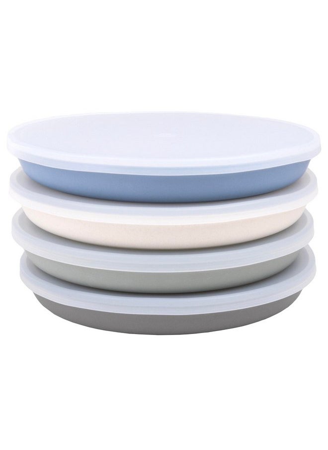 WeeSprout Bamboo Plates with Lids, Set of 4 Bamboo Plates for Kids, Kid-Sized Design, Bamboo Kids Plates with Lids for Leftovers, Dishwasher Safe (Blue, Green, Gray, & Beige)