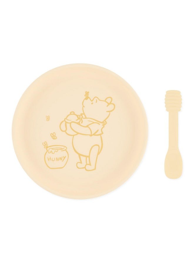 Bumkins Disney Baby and Toddler Plate and Spoon Set, Silicone Dish for Babies and Kids, Baby Led Weaning, Children Feeding Supplies, Microwave Safe, Platinum Silicone, Ages 6 Months, Winnie the Pooh