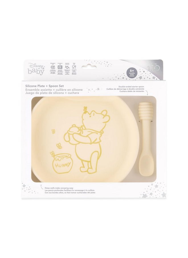 Bumkins Disney Baby and Toddler Plate and Spoon Set, Silicone Dish for Babies and Kids, Baby Led Weaning, Children Feeding Supplies, Microwave Safe, Platinum Silicone, Ages 6 Months, Winnie the Pooh