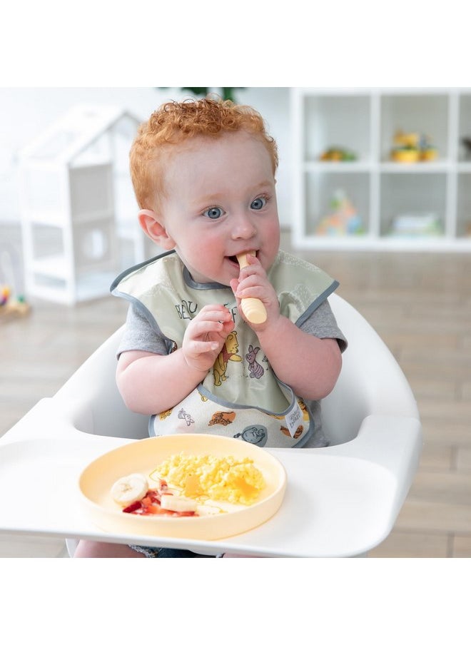 Bumkins Disney Baby and Toddler Plate and Spoon Set, Silicone Dish for Babies and Kids, Baby Led Weaning, Children Feeding Supplies, Microwave Safe, Platinum Silicone, Ages 6 Months, Winnie the Pooh