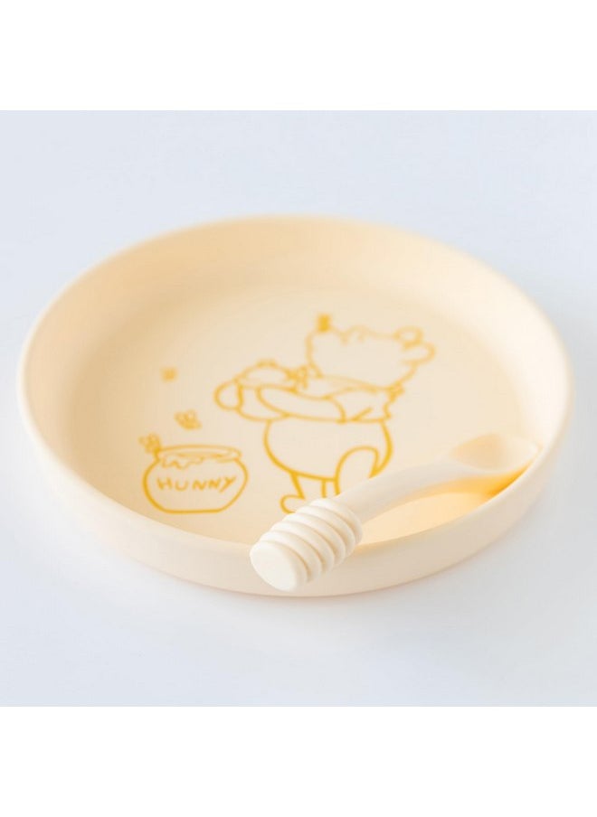 Bumkins Disney Baby and Toddler Plate and Spoon Set, Silicone Dish for Babies and Kids, Baby Led Weaning, Children Feeding Supplies, Microwave Safe, Platinum Silicone, Ages 6 Months, Winnie the Pooh