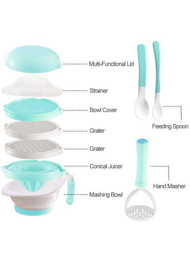 Matyz Versatile Baby Food Maker Set - Toddler Food Mills with Mash Bowl, Hand Masher, Citrus Juicer, Grater - Making Homemade Baby Food - Fruits and Vegetables Masher - No BPA (Mint Green)