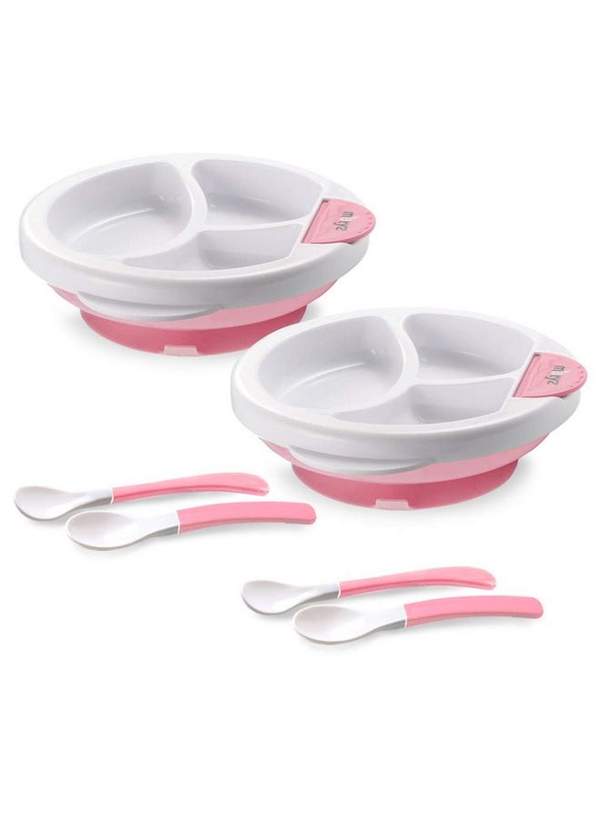 Matyz 2-Pack Baby Feeding Suction Warm Plate with Draining and Drying Design - Stay Put Divided Plate for Kids - Including 2 Toddler Plates and 4 Spoons - Microwave & Dishwasher Safe (Pink)