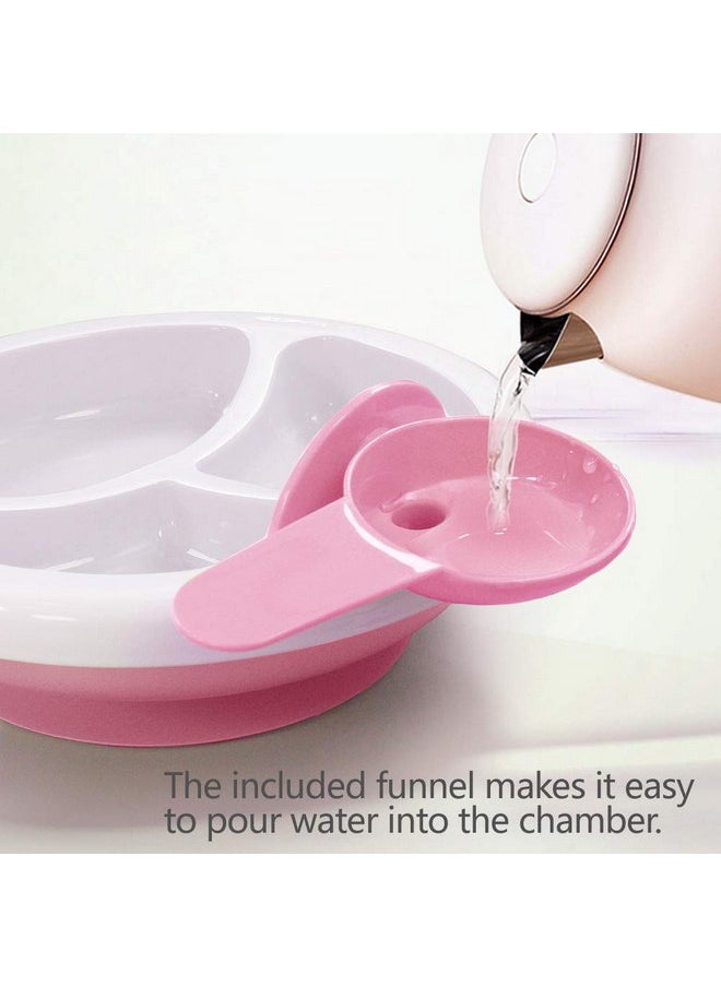 Matyz 2-Pack Baby Feeding Suction Warm Plate with Draining and Drying Design - Stay Put Divided Plate for Kids - Including 2 Toddler Plates and 4 Spoons - Microwave & Dishwasher Safe (Pink)