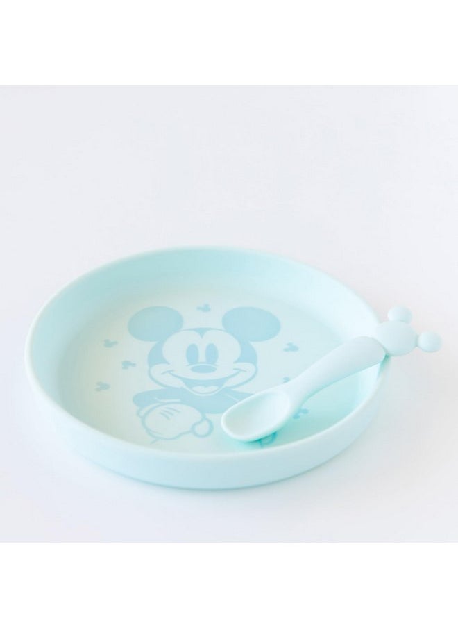 Bumkins Disney Baby and Toddler Plate and Spoon Set, Silicone Dish for Babies and Kids, Baby Led Weaning, Children Feeding Supplies, Microwave Safe, Platinum Silicone, Ages 6 Months Up, Mickey Mouse