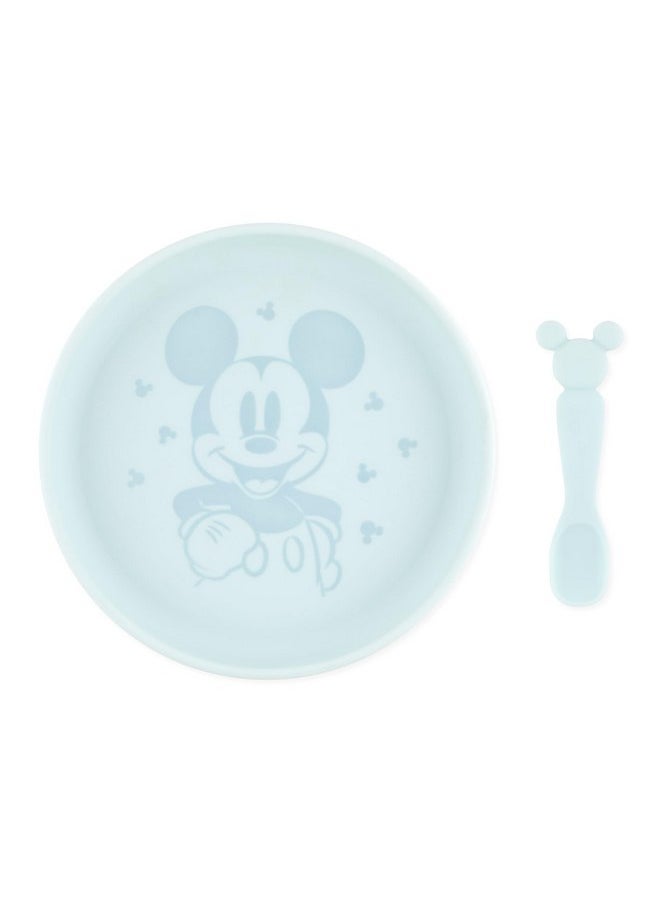 Bumkins Disney Baby and Toddler Plate and Spoon Set, Silicone Dish for Babies and Kids, Baby Led Weaning, Children Feeding Supplies, Microwave Safe, Platinum Silicone, Ages 6 Months Up, Mickey Mouse