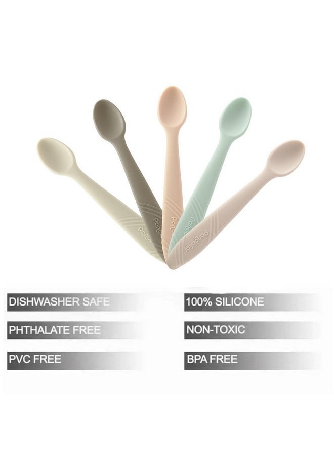 PandaEar 5 Pack Silicone Baby Spoons Self Feeding 4 6 Months, Baby Food Feeding Spoons Utensils, Gentle for Baby Led Weaning, Safe for Teething, Infant Spoons First Stage, BPA-Free, Easy to Clean