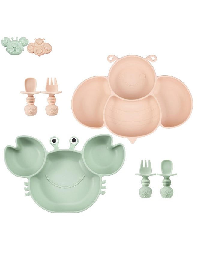 PandaEar 2 Pack Silicone Suction Plates for Toddlers Baby with 4 Spoons Self Feeding, Divided Unbreakable Toddler Plates with Suction, Baby Plates and Utensils Set, Baby Dishes, Green Crab & Pink Bee