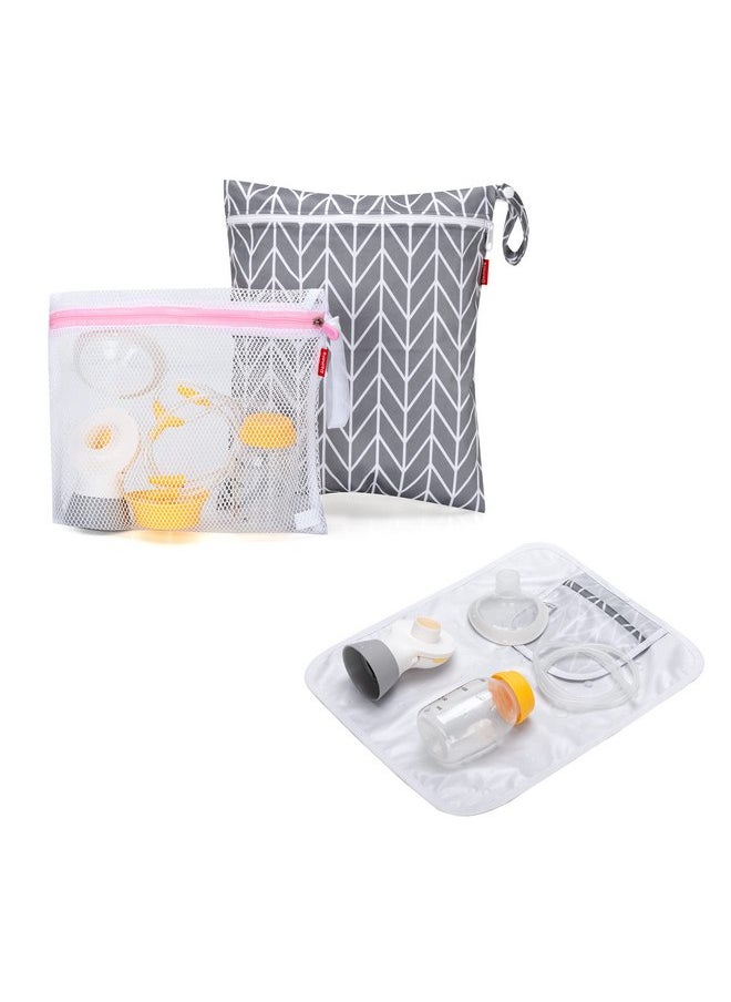 Damero Breast Pump Parts Bag, Wet Dry Breast Pump Parts Bag, Pumping Bag with Waterproof Mat and Mesh Bag, Gray Arrow