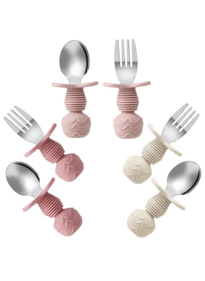 PandaEar 6 Pack Stainless Steel Toddler Spoons and Fork Feeding Set - Anti-Choke First Self Feeding Utensils for Kids Baby Girls Led Weaning Ages 18 Months+ (Pink/Beige)