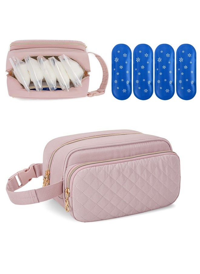 Damero Breastmilk Cooler Bag with 4 Ice Packs, Breast Milk Cooler Travel Bag Fit for Milk Bags or Bottles, with Buckle Handle for Breastfeeding Moms Travel/Daycare, Pink