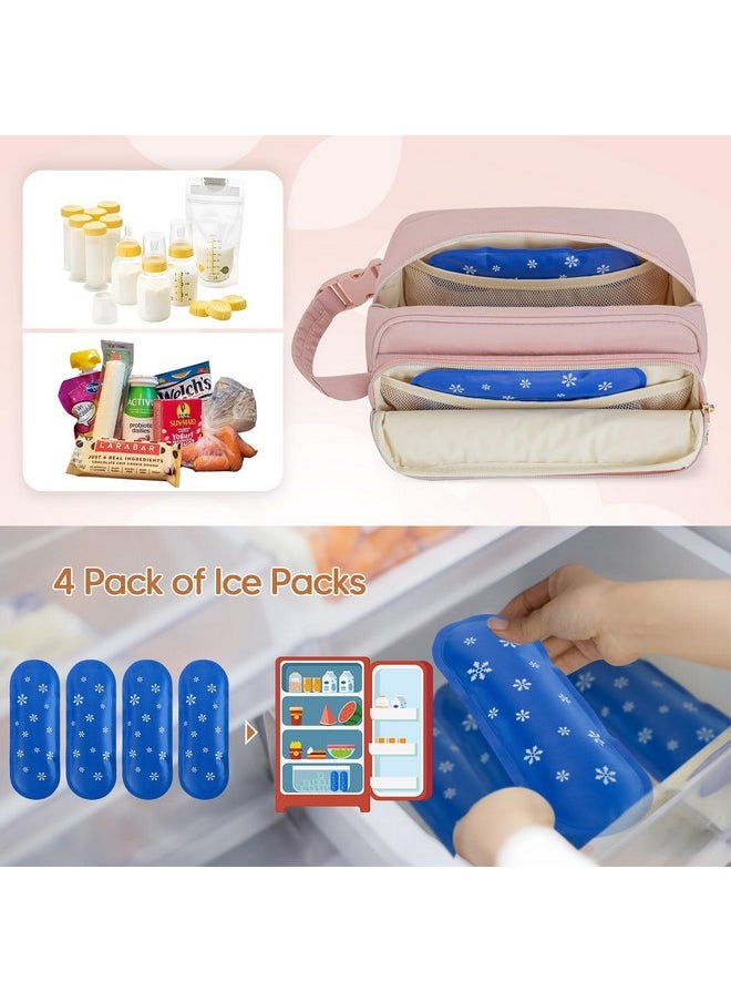 Damero Breastmilk Cooler Bag with 4 Ice Packs, Breast Milk Cooler Travel Bag Fit for Milk Bags or Bottles, with Buckle Handle for Breastfeeding Moms Travel/Daycare, Pink