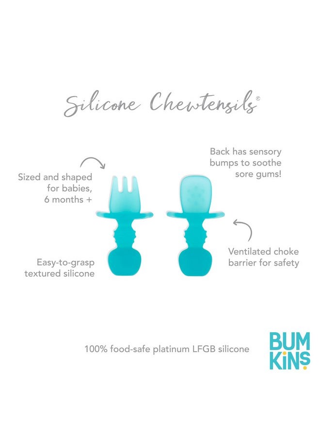 Bumkins Baby Utensils Set, Chewtensils Silicone Spoons for Dipping, Self-Feeding, Baby Led Weaning, Trainer Learning, First Stage Eating, Soft Practice Fork and Spoon, Babies 6 Months, Blue Jelly
