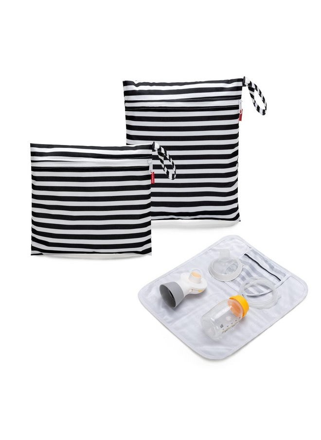 Damero Breast Pump Parts Bag, 2Pack Wet Bag for Breast Pump Parts Storage with Waterproof Mat, Black Strips