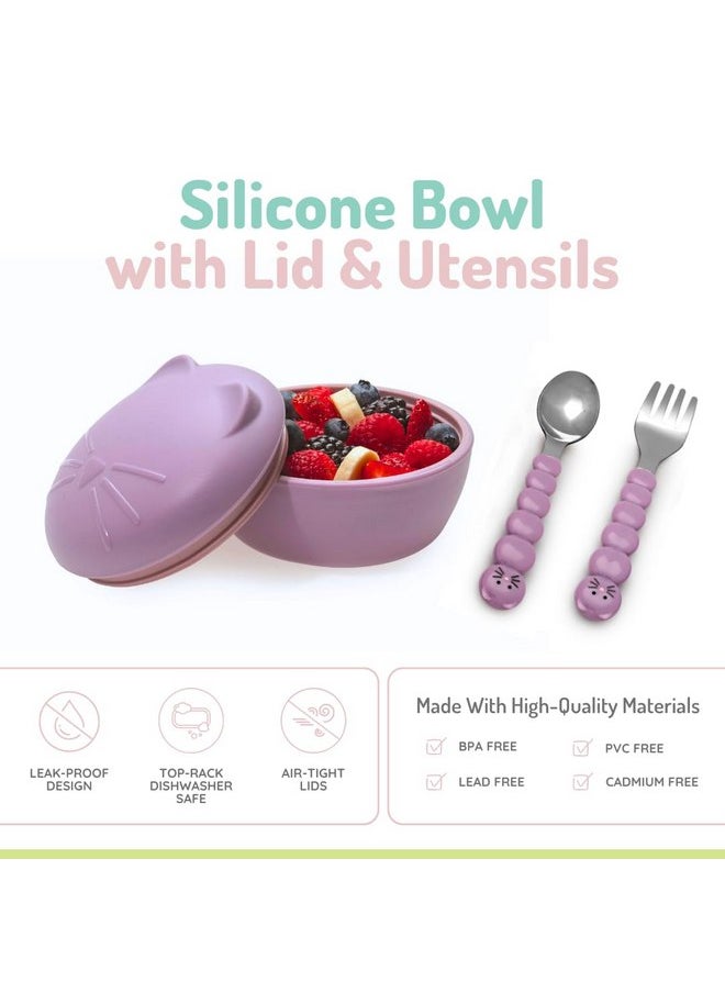 melii Silicone Bowl with Lid and Stainless Steel Utensils - BPA-Free, Leakproof Food Storage for Babies, Toddlers and Kids - 11.8 oz / 350 ml Snack Container - Dishwasher and Microwave Safe - Cat