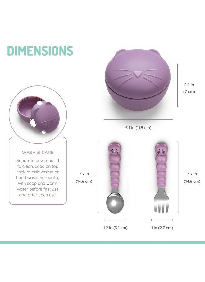 melii Silicone Bowl with Lid and Stainless Steel Utensils - BPA-Free, Leakproof Food Storage for Babies, Toddlers and Kids - 11.8 oz / 350 ml Snack Container - Dishwasher and Microwave Safe - Cat