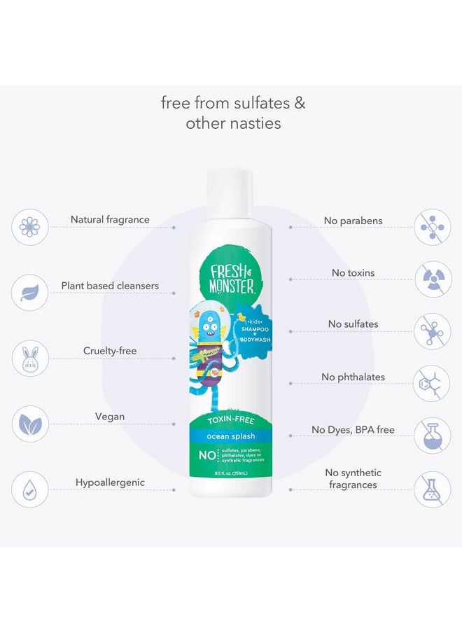 Fresh Monster 2-in-1 Kids Shampoo & Body Wash, Ocean Splash - 8.5oz, Toxin-Free, Hypoallergenic, Natural & PETA Certified Cruelty-Free, Unisex