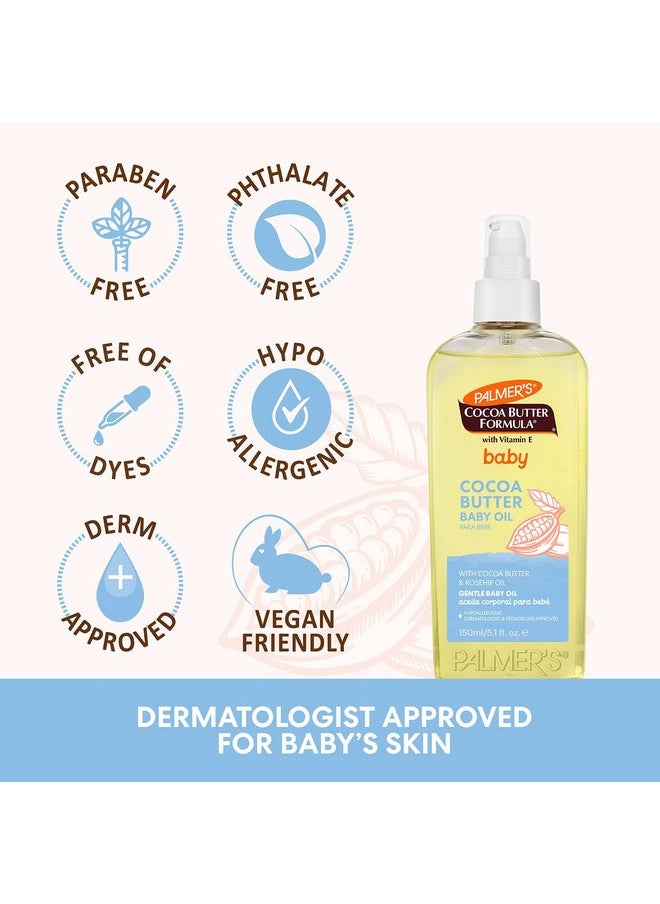 Palmer's Baby Oil, Cocoa Butter Formula Gentle Body Oil, 5.1 fl oz, Nourishing Massage Oil for Delicate Skin with Vitamin E & Argan Oil, 48-Hrs Moisture, Dermatologist Tested Baby Essentials