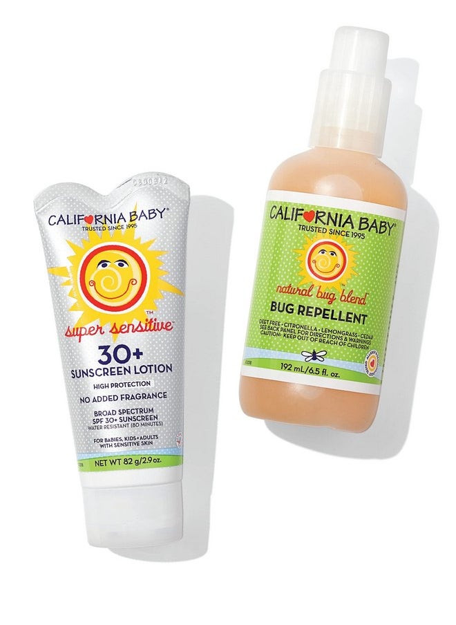 California Baby Super Sensitive Sunscreen + Natural Bug Spray | 2.9oz Unscented SPF 30+ Mineral Sunscreen + 6.5oz Natural Bug Repellent | Hypoallergenic | Formulated for Sensitive Skin