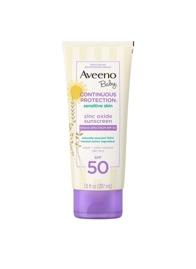 Aveeno Baby Continuous Protection Zinc Oxide Mineral Sunscreen Lotion for Sensitive Skin, Broad Spectrum SPF 50, Tear-Free, Sweat- & Water-Resistant, Paraben-Free, Non-Greasy, 7 fl. oz