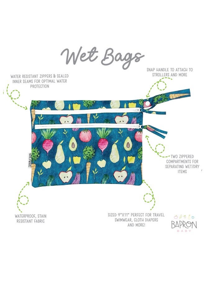 BapronBaby Organic Produce Wet Dry Bag - Waterproof Two Zipper Pockets - Reusable for Mealtime, Diapers, Stroller, Snacks, Swimsuits - Machine Washable - 11