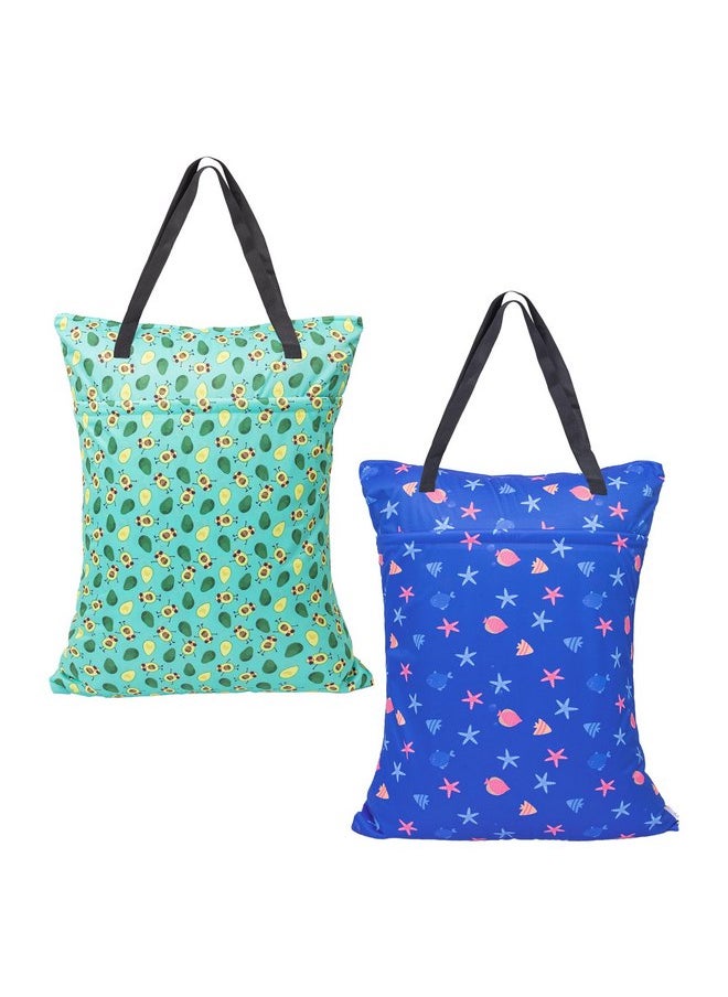 ALVABABY 2 Pack Large Wet Dry Bag Waterproof Hanging Cloth Diaper with Double Zippered Pockets 25x18 inches (Avocados and starfish)