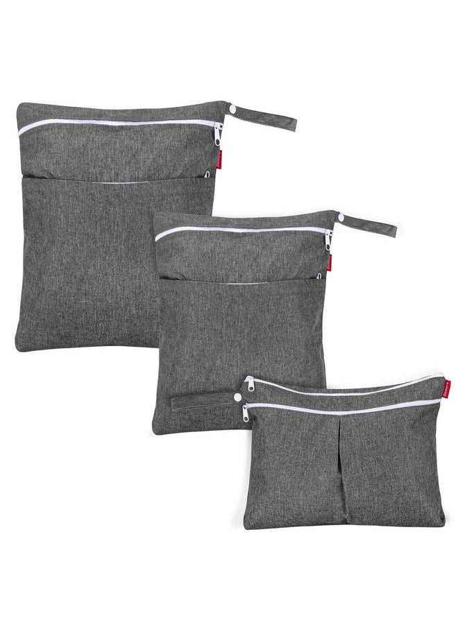 Damero 3Pcs Wet Dry Bags for Baby Cloth Diaper, Washable Diaper Wet Bag with Handle for Pumping Parts, Travel, Swimsuits, Gray