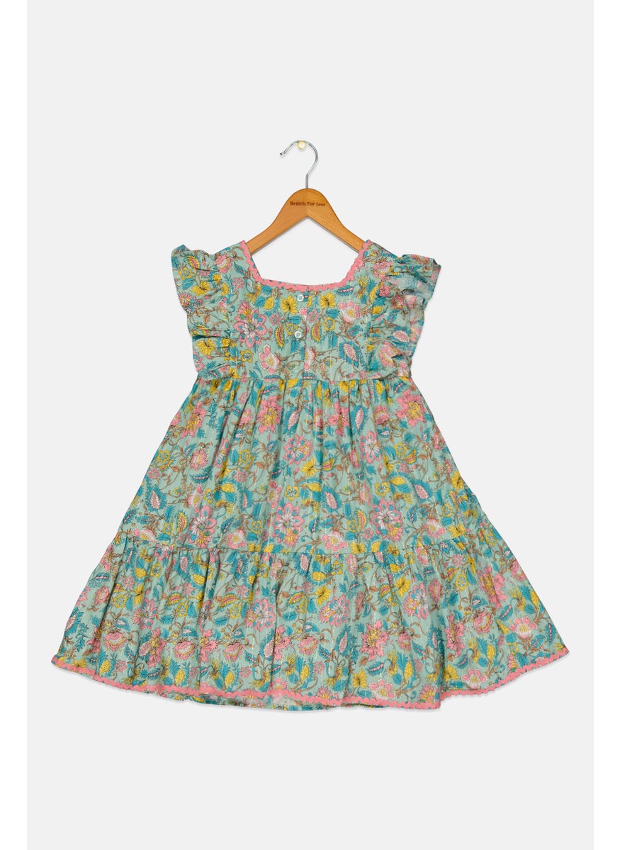 Kids Girl All Over Printed Casual Dress, Multicolor