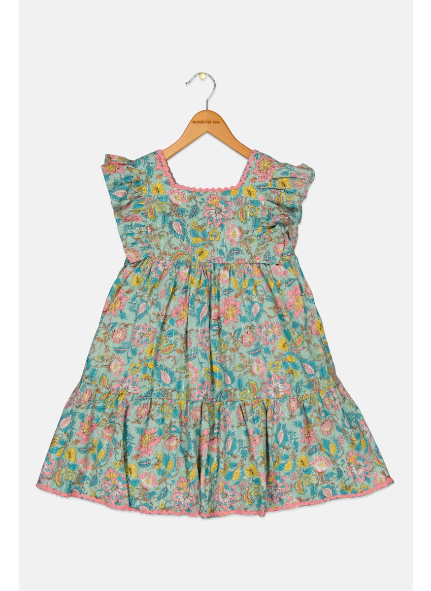 Kids Girl All Over Printed Casual Dress, Multicolor