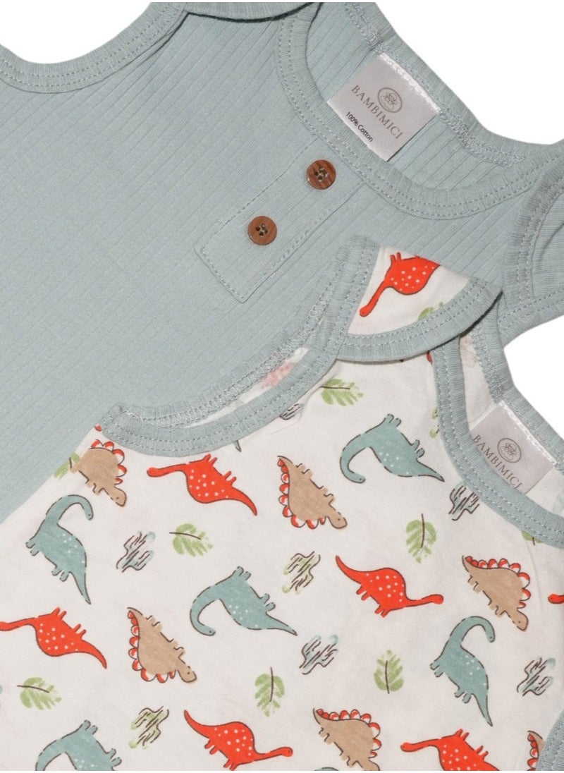 Bambimici Liam 2- Piece Sleeveless Dinosaur Printed Baby BodySuit - Multicolor