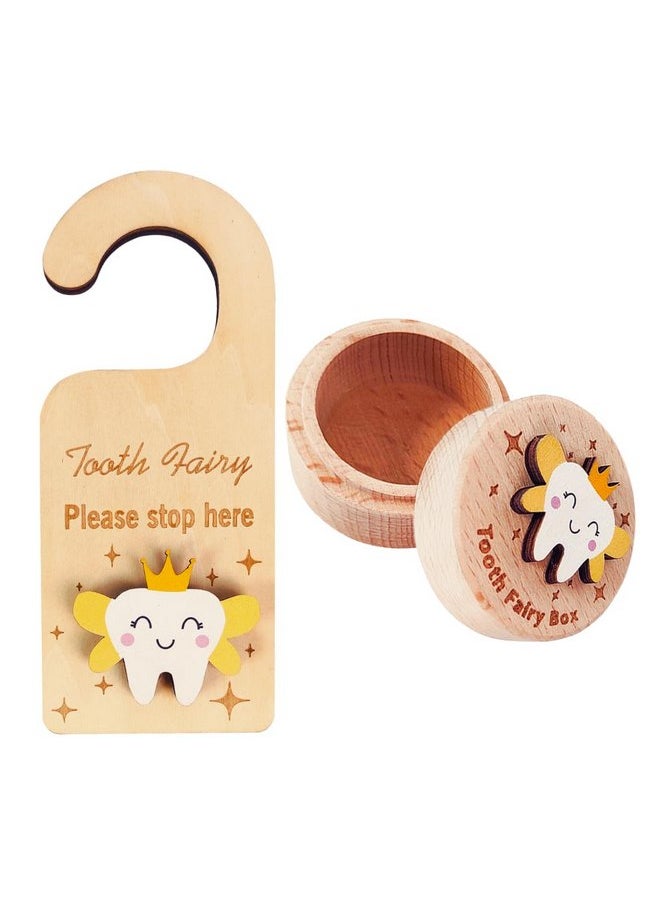 Tooth Fairy Kit - Wooden Tooth Holder Box & Tooth Fairy Door Hanger with 3D Tooth - Keepsake for Lost Teeth & Coin Pocket, Adorable Gift for Kids, Boys & Girls